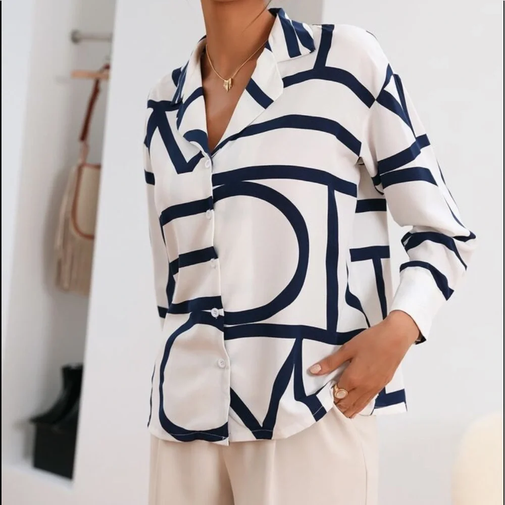 Elegant Abstract Geo Loose Relaxed Fit Print Button Down Shirt - Picture 10 of 16